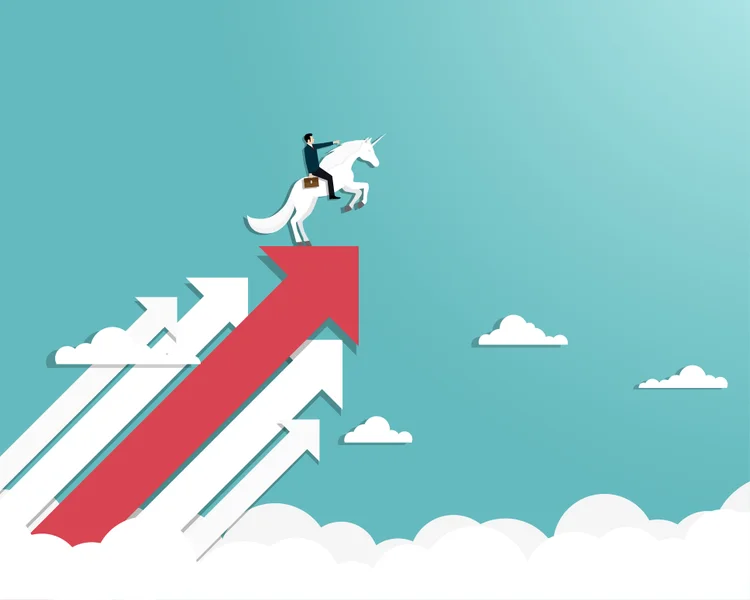 Businessman riding a unicorn on arrow or symbol for a unicorn successful, Achievement, Leadership, Career, Vector illustration flat (pishit/Getty Images)