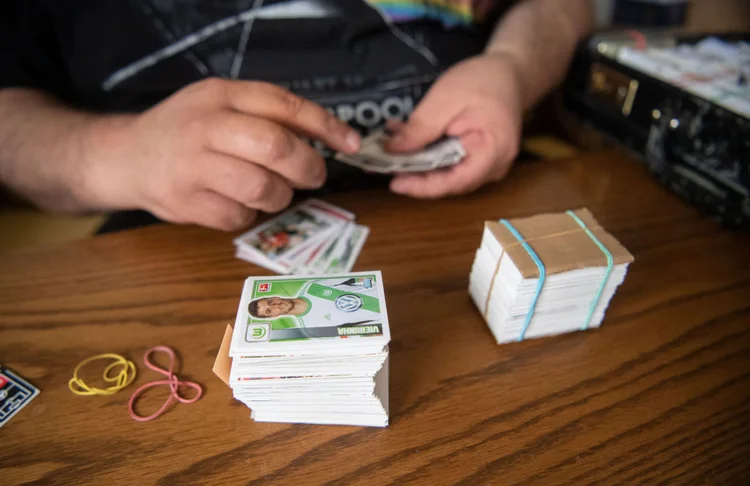 28 May 2020, Baden-Wuerttemberg, Schorndorf: Edgar Schatz, collector of collectors' pictures, assorted collectors' book stickers. (to dpa: "Bagful of memories from Panini - even of an unusual EM") Photo: Marijan Murat/dpa (Photo by Marijan Murat/picture alliance via Getty Images) (Marijan Murat/picture alliance/Getty Images)