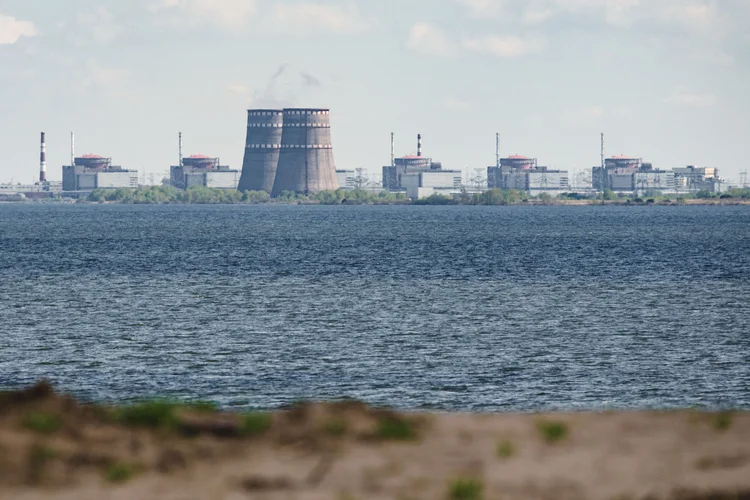 A general view shows the Zaporizhzhia nuclear power plant, situated in the Russian-controlled area of Enerhodar, seen from Nikopol in April 27, 2022. (Photo by Ed JONES / AFP) (Photo by ED JONES/AFP via Getty Images) (ED JONES/Getty Images)