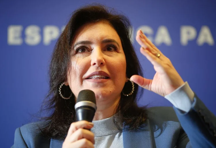 Brazilian presidential pre-candidate, senator Simone Tebet, of the Brazilian Democratic Movement (MDB) party, speaks during a press conference in Brasilia, on May 25, 2022. (Photo by Sergio LIMA / AFP) (Photo by SERGIO LIMA/AFP via Getty Images) (SERGIO LIMA/AFP/Getty Images)