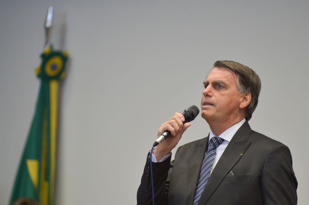 BRASILIA, BRAZIL - August 03: Brazil's President Jair Bolsonaro speaks during an evangelical worship at the National Congress on August 3, 2022 in Brasilia, Brazil. (Photo by Ton Molina/Getty Images) (Ton Molina/Getty Images)