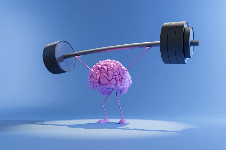 3D illustration of pink color human brain lifting heavy barbell. Training mind and mental health concept. Train your brain. (OsakaWayne Studios/Getty Images)