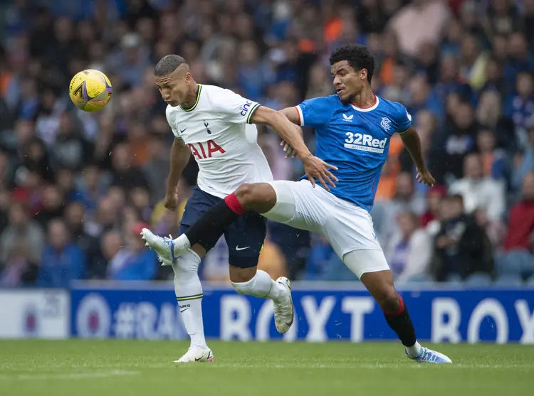 GLASGOW, SCOTLAND - JULY 23: Richarlison of Tottenham Hotspur and Malik Tillman of Rangers in action during the Pre-Season Friendly between Rangers and Tottenham Hotspur at Ibrox Stadium on July 23, 2022 in Glasgow, Scotland. (Photo by Visionhaus/Getty Images) (Visionhaus/Getty Images)