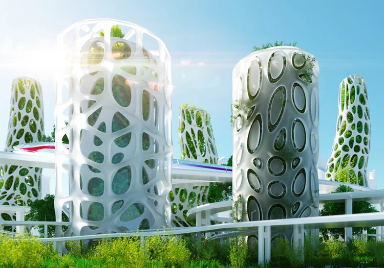 Digital generated image of abstract futuristic buildings with vertical gardens and speed train in between. (Andriy Onufriyenko/Getty Images)