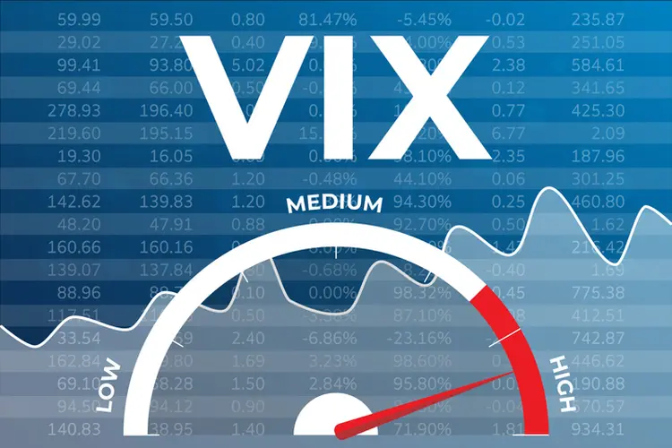 Volatility index VIX graph on blue finance background with numbers, indicator, text (Getty/Getty Images)
