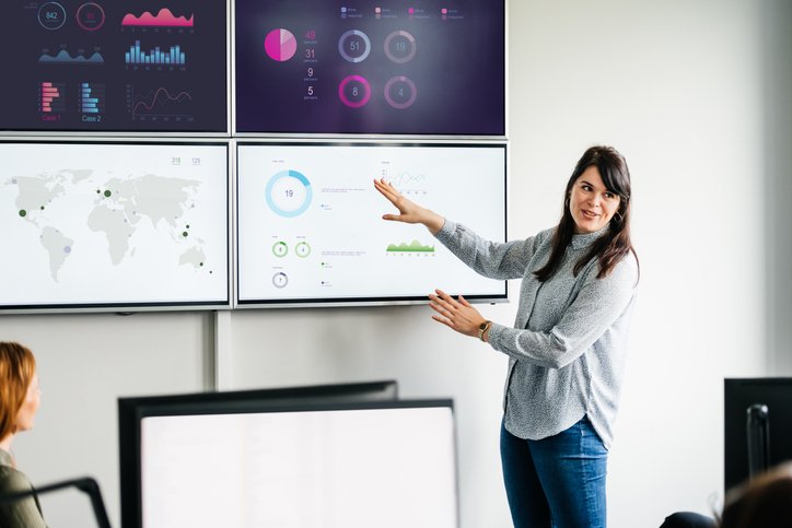 A businesswoman explaining series of graphs and data sets displayed on some large, wall mounted monitors in the office. (Getty/Getty Images)