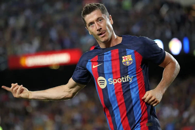 Robert Lewandowski goal celebration during the match between FC Barcelona and Real Valladolid CF, corresponding to the week 3 of the Liga Santander, played at the Spotify Camp Nou, in Barcelona, on 29th August 2022. 
 -- (Photo by Urbanandsport/NurPhoto via Getty Images) (NurPhoto/Getty Images)