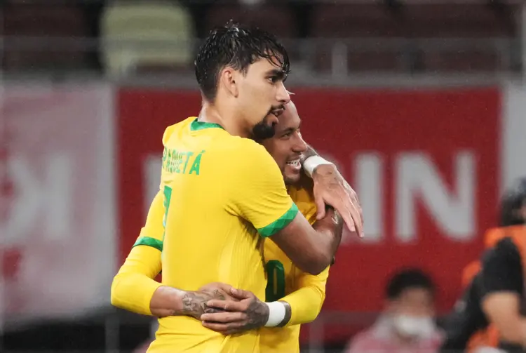 TOKYO, JAPAN - JUNE 06: Neymar Jr #10 of Brazil celebrates scoring his team's first goal during the international friendly match between Japan and Brazil at National Stadium on June 06, 2022 in Tokyo, Japan. (Photo by Hiroki Watanabe/Getty Images) (Hiroki Watanabe/Getty Images)