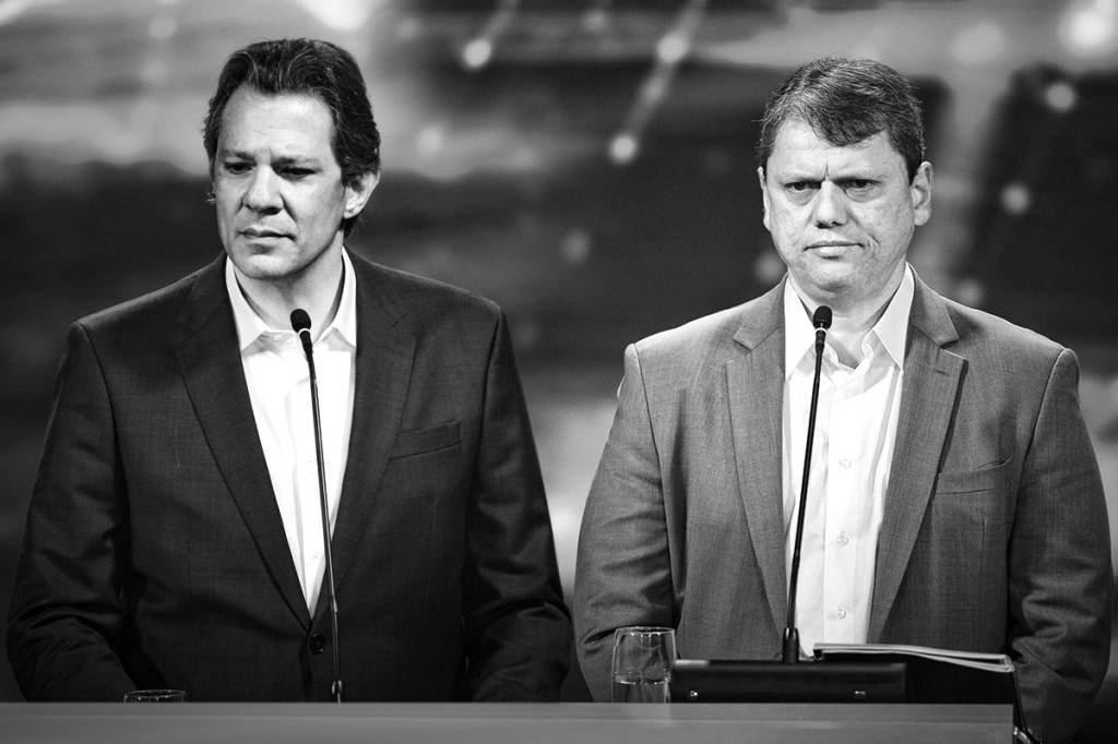 Haddad e Tarcísio: ex-ministro de Bolsonaro ficou liderou o primeiro turno. (Renato Pizzutto/Band/Divulgação)