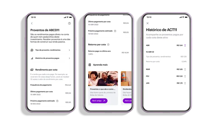 Nubank:  o cliente consegue acompanhar tanto o histórico do valor em reais e frequência de pagamento pelos diferentes ativos de fundos imobiliários (FIIs), ações e BDRs (Nubank/divulgação/Divulgação)