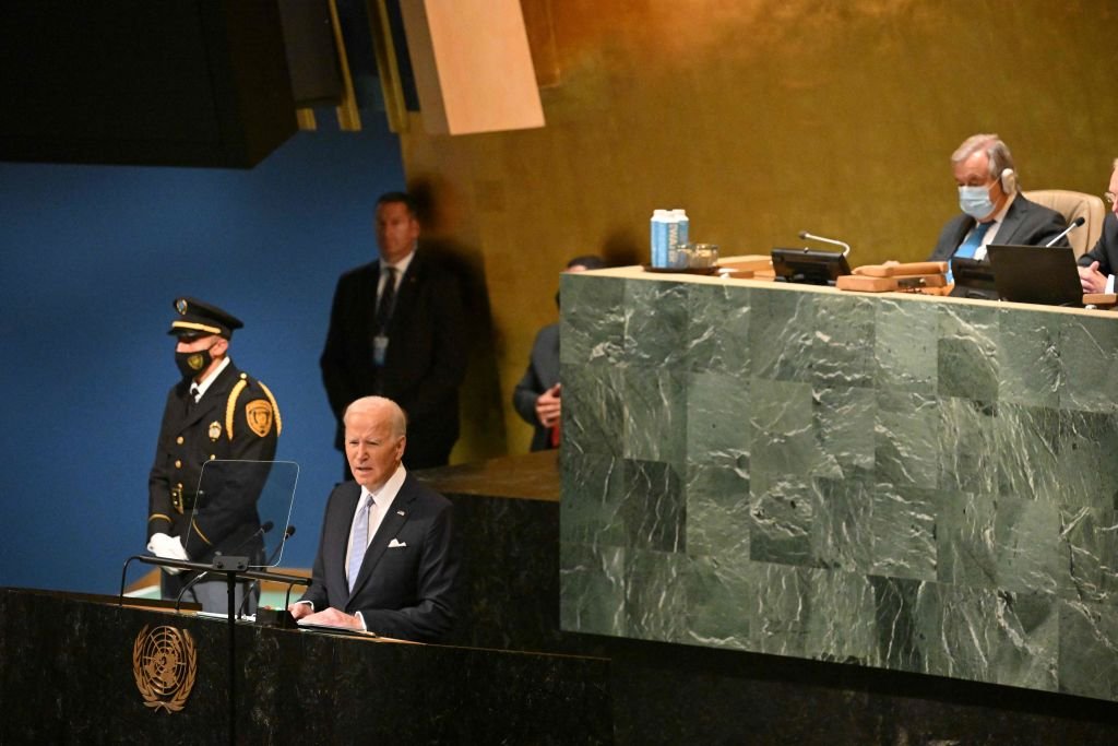 Biden em discurso na ONU nesta quarta-feira: "continuaremos ao lado da Ucrânia" (MANDEL NGAN/AFP/Getty Images)