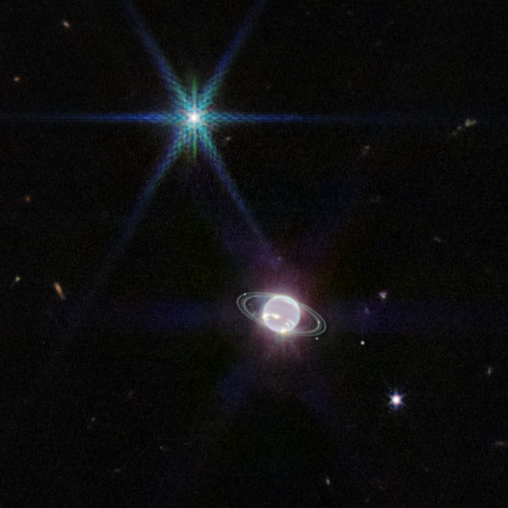 Netuno, seus cinco anéis e sete das 14 luas registrados por James Webb (NASA, ESA, CSA, STScI/Reprodução)
