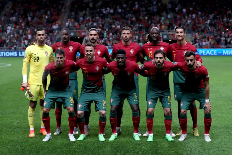 Portugal's starter team before the UEFA Nations League Group A2 football match between Portugal and Spain, at the Municipal Stadium in Braga, Portugal, on September 27, 2022. (Photo by Pedro Fiúza/NurPhoto via Getty Images) (Pedro Fiúza/Getty Images)