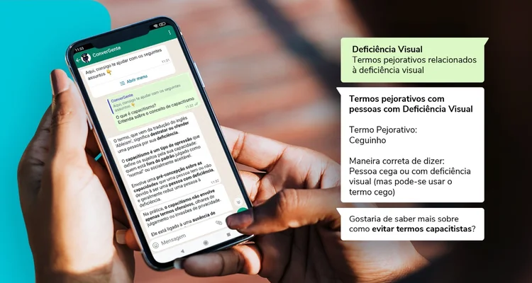 Acessibilidade no WhatsApp: bot pode identificar cerca de 30 termos capacitistas ligados às deficiências auditiva, visual, física e neuro divergentes (Hercog Comunicação/Reprodução)