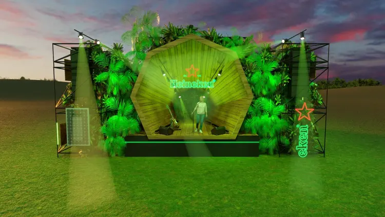 Simulação do o Espaço Heineken®, no Popload Festival. O palco será ambientando com plantas nativas da Mata Atlântica e abastecido com miniusina solar (Heineken/Divulgação)