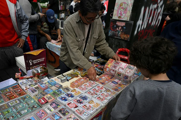 Homem vende figurinhas da Copa no parque Rivadivia em Buenos Aires. (AFP/AFP)