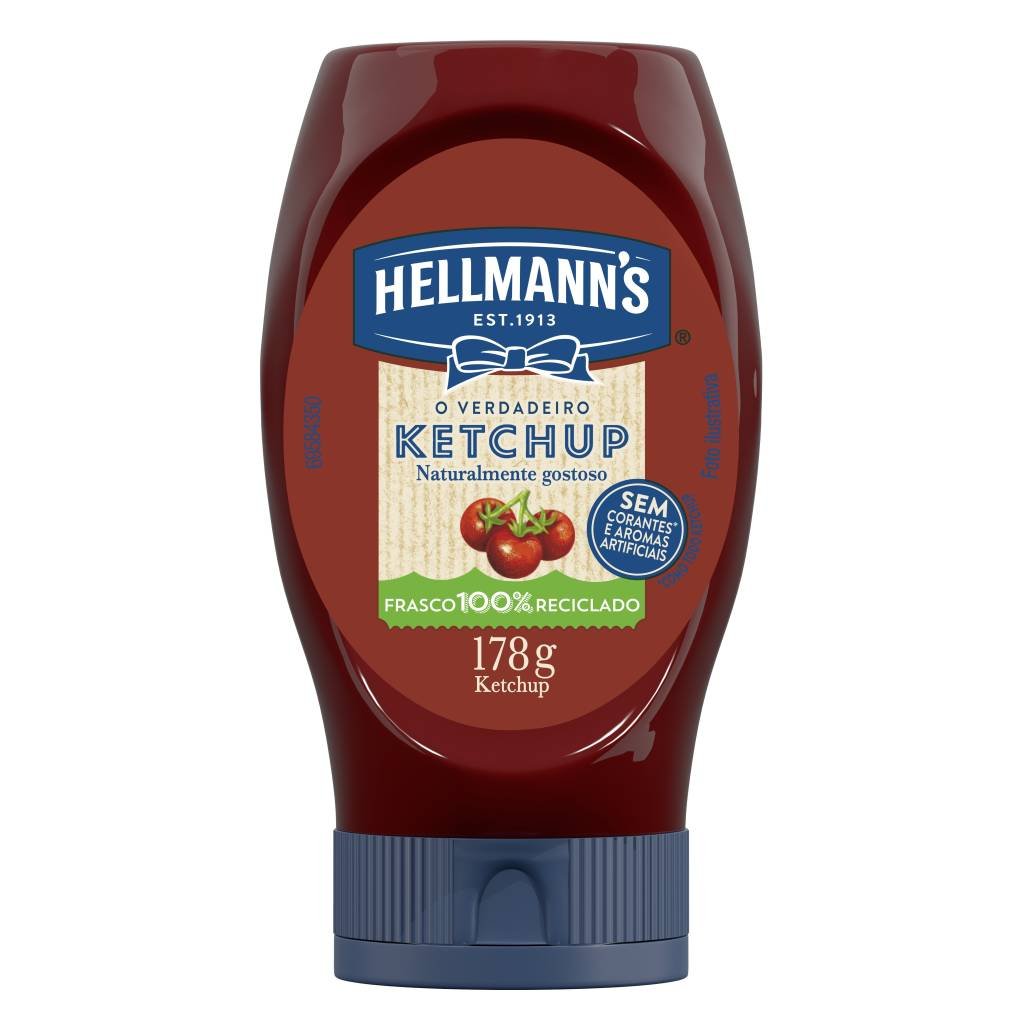 Hellmann's, marca de alimentos da Unilever nas categorias de condimentos, anunciou que todos os seus frascos de Ketchup passarão a ser fabricados com plástico 100% reciclado (resina PET PCR) (Unilever/Divulgação)