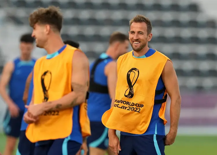 England's Harry Kane during a training session at the Al Wakrah Sports Club Stadium in Al Wakrah, Qatar. Picture date: Sunday November 20, 2022. (Photo by Peter Byrne/PA Images via Getty Images) (Peter Byrne/PA Images/Getty Images)