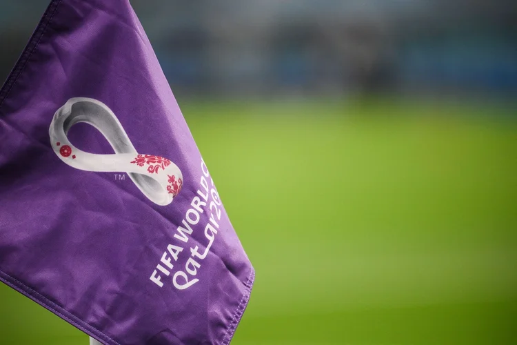 A general view of a Qatar 2022 World Cup flag ahead of the Qatar 2022 World Cup Group D football match between France and Australia at the Al-Janoub Stadium in Al-Wakrah, south of Doha on November 22, 2022. (Photo by FRANCK FIFE / AFP) (Photo by FRANCK FIFE/AFP via Getty Images) (FRANCK FIFE/AFP/Getty Images)