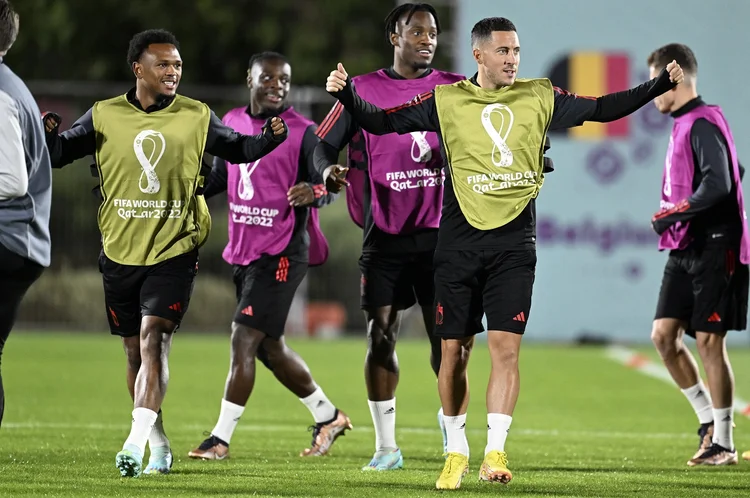 DOHA, QATAR - NOVEMBER 22 : Openda Lois forward of Belgium, Hazard Eden midfielder of Belgium pictured during a training session of the Belgian National Football team ahead of the FIFA World Cup Qatar 2022 Groupe F match between Belgium and Canada on November 22, 2022 in Doha, Qatar, 22/11/2022 ( Photo by Vincent Kalut / Photo News via Getty Images) (Vincent Kalut / Photo News/Getty Images)