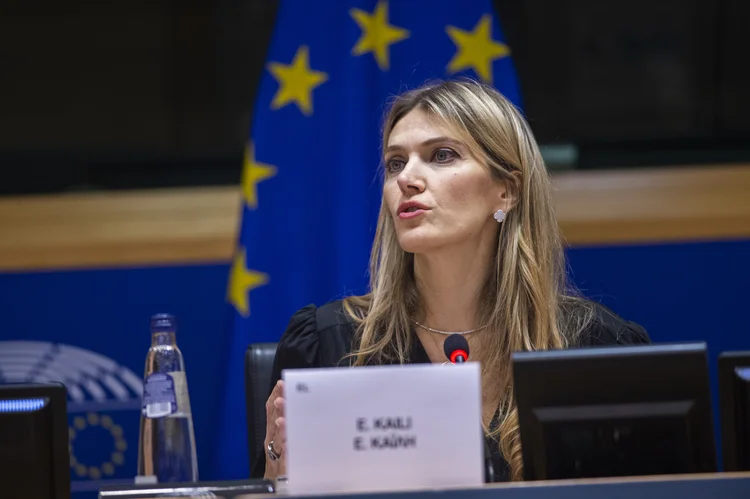 BRUSSELS, BELGIUM - DECEBER 07: (----EDITORIAL USE ONLY â MANDATORY CREDIT - "EUROPEAN PARLIAMENT / POOL" - NO MARKETING NO ADVERTISING CAMPAIGNS - DISTRIBUTED AS A SERVICE TO CLIENTS----) Vice-President of the European Parliament Eva Kaili speaks during a session at the European Parliament in Brussels, Belgium on December 07, 2022. Vice-President of the European Parliament Eva Kaili has been detained along with four others over corruption probe. (Photo by European Parliament / Pool/Anadolu Agency via Getty Images) (Anadolu Agency/Getty Images)