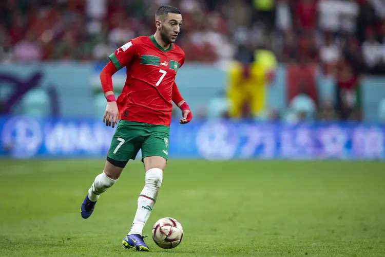 14 December 2022, Qatar, Al-Chaur: Soccer: World Cup, France - Morocco, final round, semi-final, Al-Bait Stadium, Morocco's Hakim Ziyech in action. Photo: Tom Weller/dpa (Photo by Tom Weller/picture alliance via Getty Images) (Tom Weller/Getty Images)