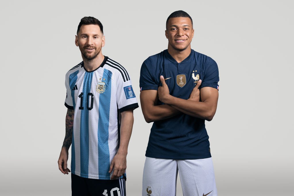 (EDITORS NOTE: THIS IMAGE HAS BEEN RETOUCHED) In this composite image, a comparison has been made between (L-R) Lionel Messi of Argentina and Kylian Mbappe of France, who are posing during the official FIFA World Cup 2022 portrait sessions. Argentina and France meet in the final of the FIFA World Cup Qatar 2022. (Photo by FIFA/FIFA via Getty Images) (FIFA/Getty Images)