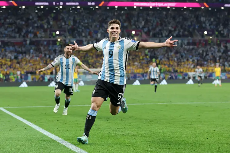 DOHA, QATAR - DECEMBER 03: Julian Alvarez of Argentina celebrates after scoring the team's second goal during the FIFA World Cup Qatar 2022 Round of 16 match between Argentina and Australia at Ahmad Bin Ali Stadium on December 03, 2022 in Doha, Qatar. (Photo by Alex Grimm/Getty Images) (Alex Grimm/Getty Images)