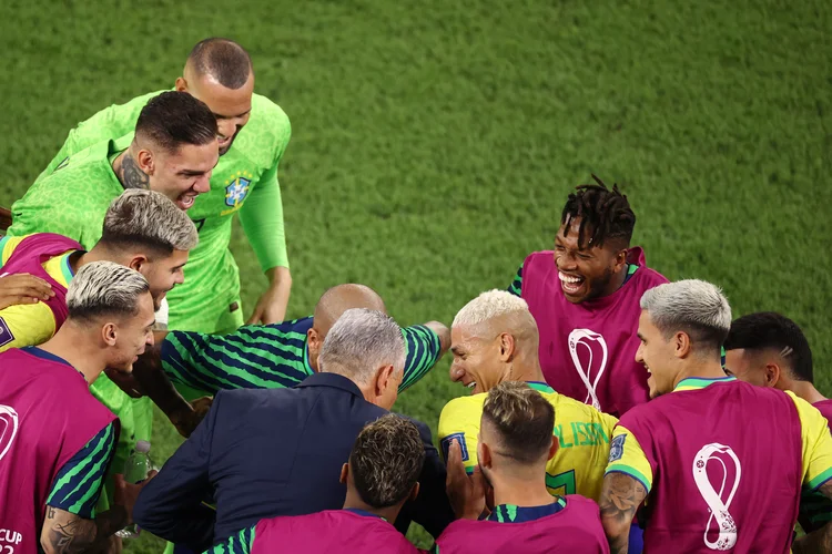 DOHA, QATAR - DECEMBER 05: Richarlison of Brazil celebrates with teammates after scoring the team's third goal during the FIFA World Cup Qatar 2022 Round of 16 match between Brazil and South Korea at Stadium 974 on December 05, 2022 in Doha, Qatar. (Photo by Robert Cianflone/Getty Images) (Robert Cianflone/Getty Images)