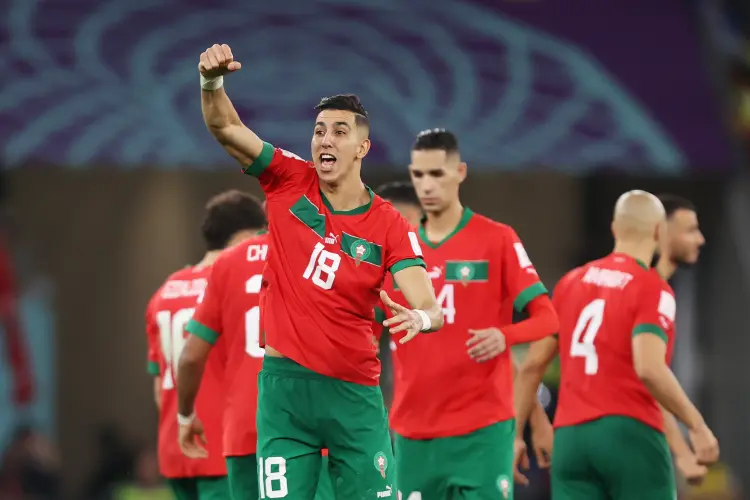 AL RAYYAN, QATAR - DECEMBER 06: Jawad El Yamiq of Morocco reacts in the penalty shoot out during the FIFA World Cup Qatar 2022 Round of 16 match between Morocco and Spain at Education City Stadium on December 06, 2022 in Al Rayyan, Qatar. (Photo by Julian Finney/Getty Images) (Julian Finney/Getty Images)