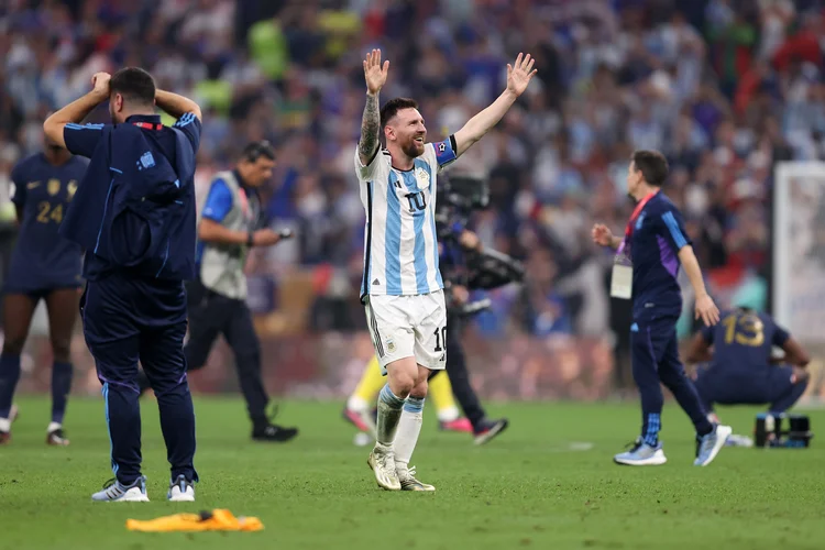 LUSAIL CITY, QATAR - DECEMBER 18: Lionel Messi of Argentina celebrates after the team's victory in the penalty shoot out during the FIFA World Cup Qatar 2022 Final match between Argentina and France at Lusail Stadium on December 18, 2022 in Lusail City, Qatar. (Photo by Julian Finney/Getty Images) (Julian Finney/Getty Images)