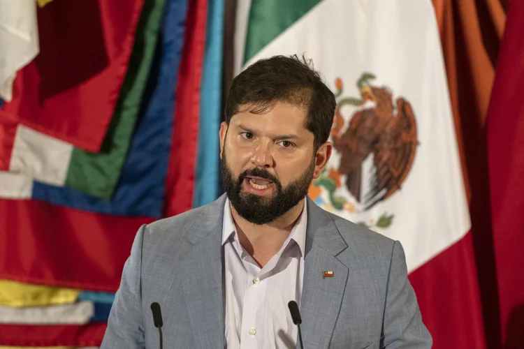 Gabriel Boric, Chile's president, speaks during a news conference following a bilateral meeting with Andres Manuel Lopez Obrador, Mexico's president, in Mexico City, Mexico, on Wednesday, Nov. 23, 2022. The presidents met to discuss development cooperation plans. Photographer: Alejandro Cegarra/Bloomberg via Getty Images (Alejandro Cegarra/Bloomberg/Getty Images)