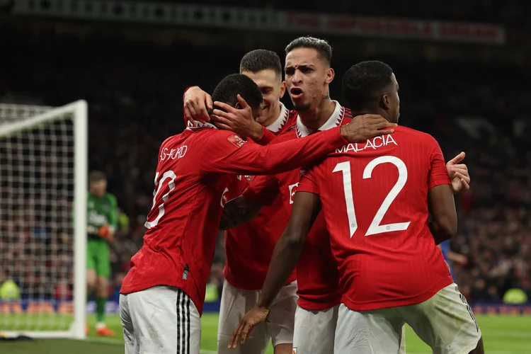 MANCHESTER, ENGLAND - JANUARY 06: Marcus Rashford of Manchester United celebrates after Conor Coady of Everton turns in his cross to give Manchester United a 2-1 lead during the Emirates FA Cup Third Round match between Manchester United and Everton at Old Trafford on January 6, 2023 in Manchester, England. (Photo by Matthew Ashton - AMA/Getty Images) (Matthew Ashton/Getty Images)