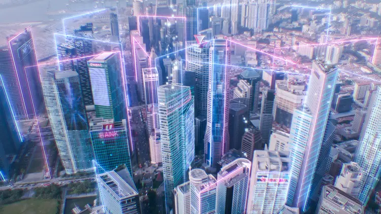 Smart city  and Meta verses concept,  Motion Futuristic Neon light with Aerial view modern cityscape for data network connection technology concept, blockchain decentralized technology concept, global communication technology concept (Getty Images/Reprodução)