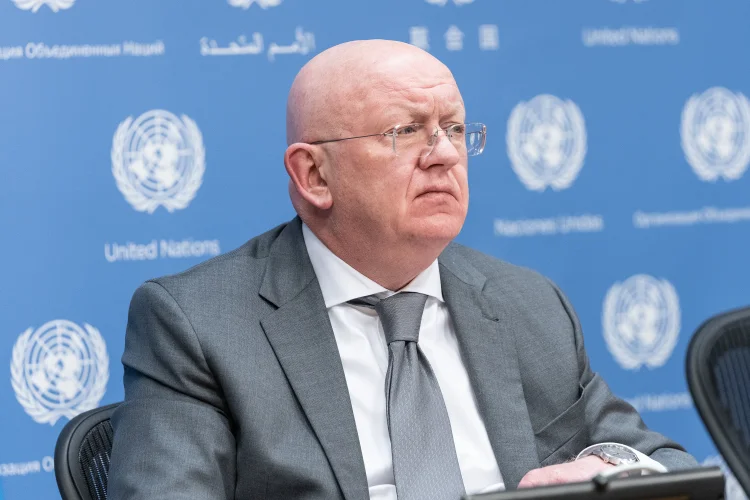 Vassily Nebenzia: "Não tivemos outra escolha senão defender nosso país", afirmou em reunião do Conselho de Segurança da ONU (Lev Radin/Pacific Press/LightRocket/Getty Images)