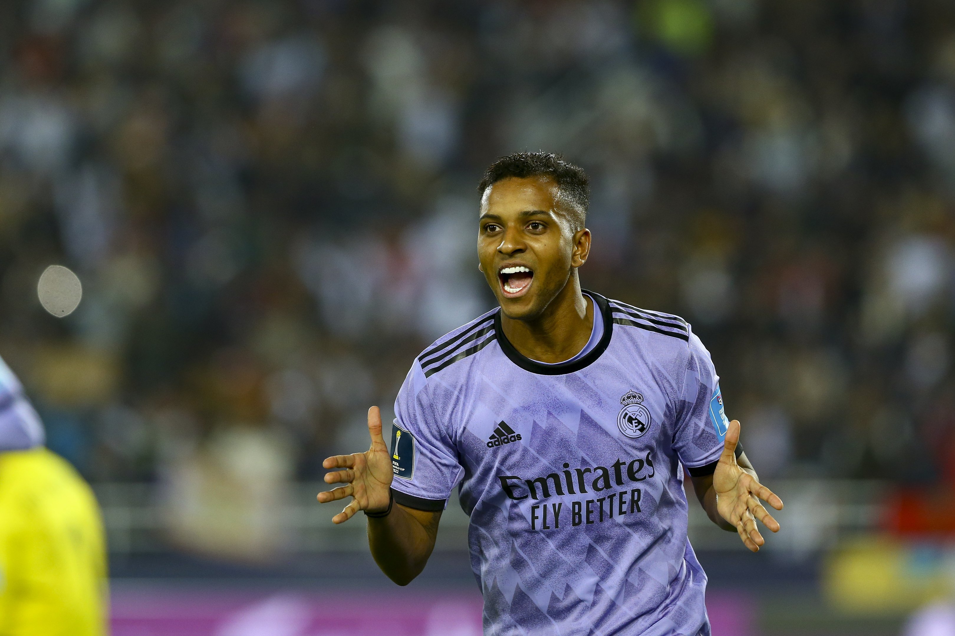 RABAT, MOROCCO - FEBRUARY 08: Rodrygo of Real Madrid celebrates after scoring his team's third goal during the FIFA Club World Cup Morocco 2022 Semi Final match between Al Ahly and Real Madrid CF at Prince Moulay Abdellah on February 8, 2023 in Rabat, Morocco. (Photo by Mohammad Karamali/DeFodi Images via Getty Images)
