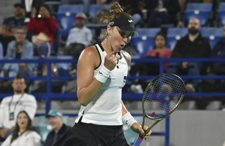 Brazil's Beatriz Haddad Maia reacts during the women's singles semi-final match of the Abu Dhabi Open at Zayed Sports City on February 11, 2023 in Abu Dhabi. (Photo by Ryan LIM / AFP) (Photo by RYAN LIM/AFP via Getty Images) (RYAN LIM/AFP/Getty Images)