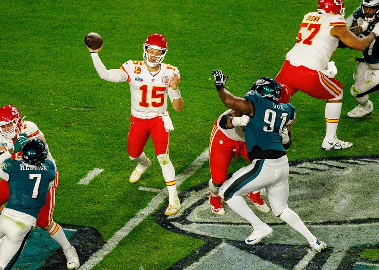 GLENDALE, AZ - FEBRUARY 12: Kansas City Chiefs quarterback Patrick Mahomes (15) throws a pass during Super Bowl LVII between the Philadelphia Eagles and the Kansas City Chiefs on Sunday, February 12th, 2023 at State Farm Stadium in Glendale, AZ. (Photo by Adam Bow/Icon Sportswire via Getty Images) (Adam Bow/Icon Sportswire/Getty Images)