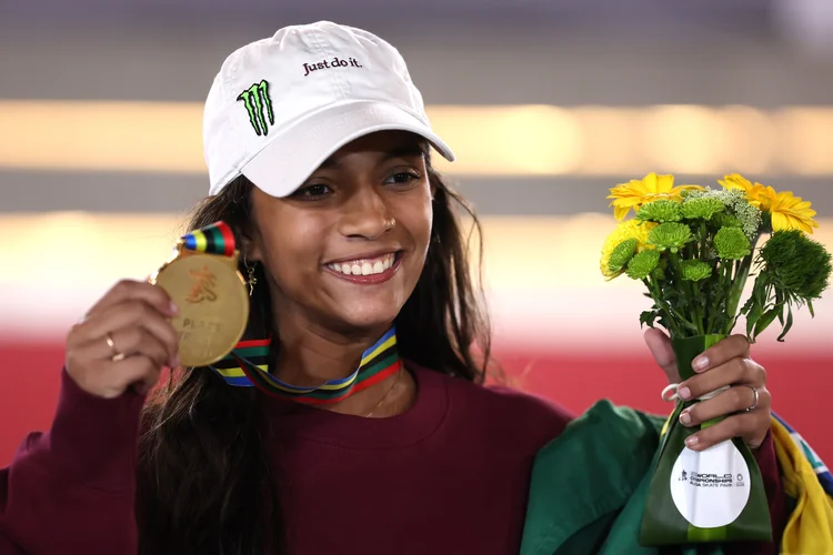 SHARJAH, UNITED ARAB EMIRATES - FEBRUARY 05: Rayssa Leal of Brazil celebrates with the gold medal after winning the Wome's Street Final  during the  Sharjah Skateboarding Street and Park World Championships 2023on February 05, 2023 in Sharjah, United Arab Emirates. (Photo by Francois Nel/Getty Images) (Francois Nel/Getty Images)