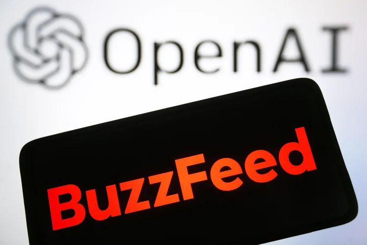 UKRAINE - 2023/02/02: In this photo illustration, BuzzFeed logo is seen on a smartphone screen and OpenAI logo on pc screen. (Photo Illustration by Pavlo Gonchar/SOPA Images/LightRocket via Getty Images) (Pavlo Gonchar/SOPA Images/LightRocket/Getty Images)