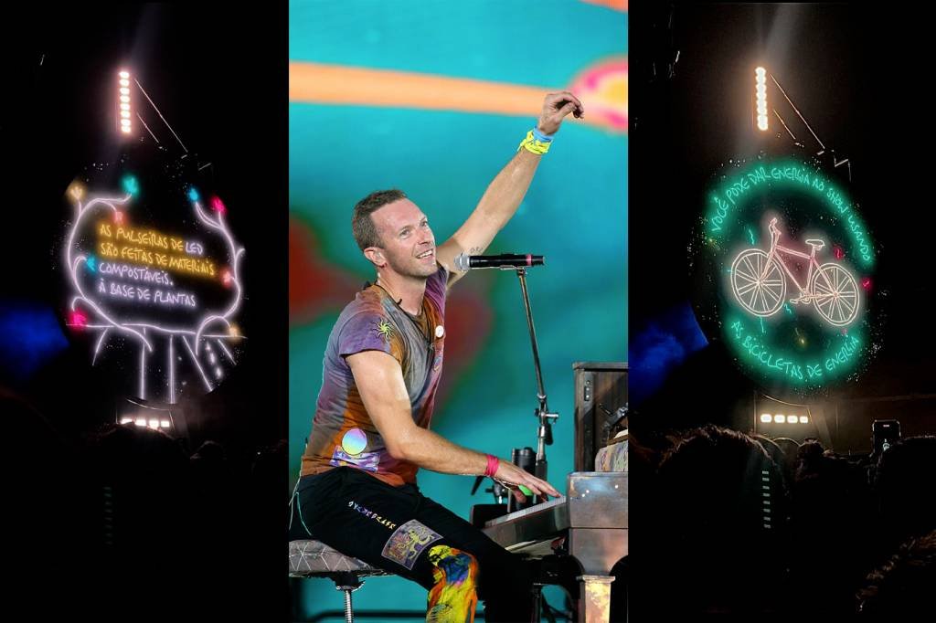 O Coldplay seleciona os materiais utilizados nos shows com base em suas credenciais ambientais (Isabel Rocha | Getty Images | Isabel Rocha/Reprodução)