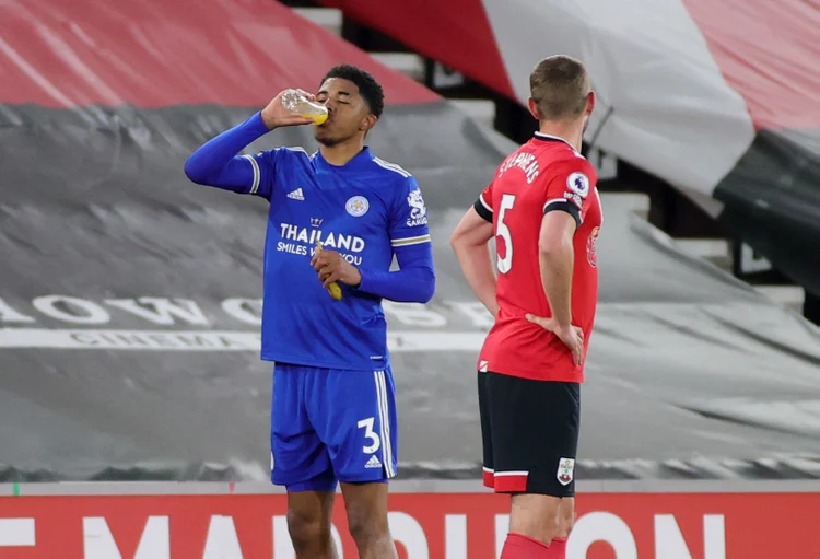 SOUTHAMPTON, ENGLAND - APRIL 30: Wesley Fofana of Leicester City breaks his fast for Ramadan during a break in play of the Premier League match between Southampton and Leicester City at St Mary's Stadium on April 30, 2021 in Southampton, United Kingdom. Sporting stadiums around the UK remain under strict restrictions due to the Coronavirus Pandemic as Government social distancing laws prohibit fans inside venues resulting in games being played behind closed doors.  (Photo by Plumb Images/Leicester City FC via Getty Images) (Plumb Images/Leicester City FC/Getty Images)