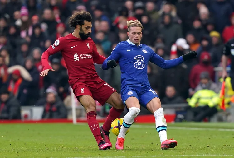 Liverpool's Mohamed Salah (left) and Chelseas Mykhailo Mudryk battle for the ball during the Premier League match at Anfield, Liverpool. Picture date: Saturday January 21, 2023. (Photo by Martin Rickett/PA Images via Getty Images) (Martin Rickett/Getty Images)