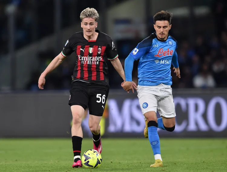 NAPLES, ITALY - APRIL 02:  Alexis Jesse Saelemaekers of AC Milan and Eljif Elmas of SSC Napoli in action during the Serie A match between SSC Napoli and AC MIlan at Stadio Diego Armando Maradona on April 2, 2023 in Naples, Italy.  (Photo by Giuseppe Bellini/Getty Images) (Giuseppe Bellin/Getty Images)