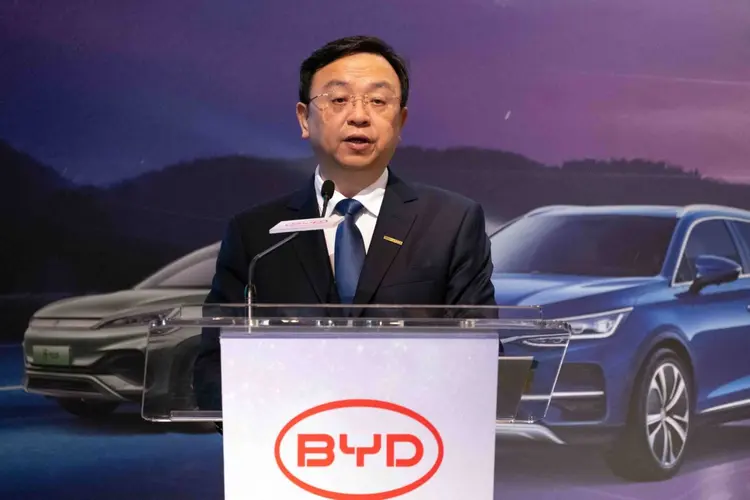 Wang Chuanfu, chairman and chief executive officer of BYD Co., speaks during a news conference in Hong Kong, China, on Wednesday, March 29, 2023. BYD's profit more than quintupled last year after the Chinese automaker sold a record number of electric vehicles and stepped up its battle with Tesla Inc. for market share. (Bloomberg/Bloomberg)