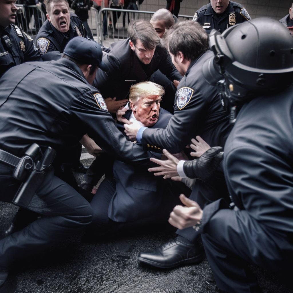 Imagem falsa de Donald Trump sendo preso:  fotografias foram criadas através do Midjourney, uma inteligência artificial que gera artes a partir de uma descrição textual. (Midjourney/Reprodução)