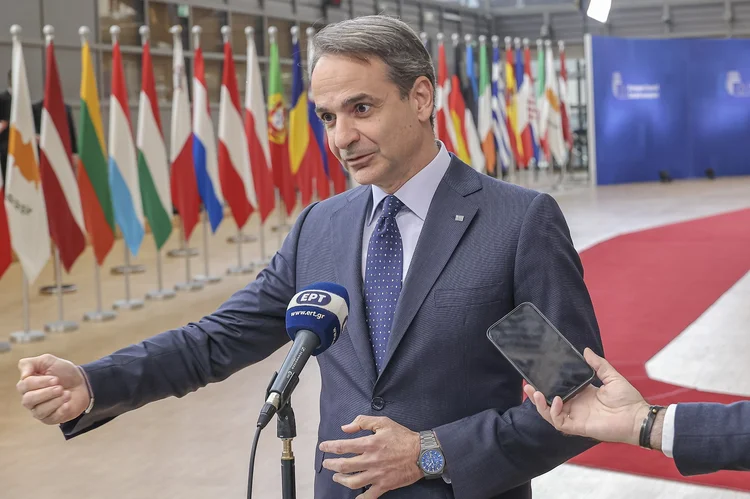 Prime Minister of Greece Kyriakos Mitsotakis talks to the media at a standup doorstep media press briefing after the end of the two day European Council summit. The Greek PM does a statement, talks about the meeting with the EU leaders and heads of states at the headquarters of the European Union and answers questions from journalists. The PM recently announced that Greece will hold legislative elections on 21 May 2023 for the 300 seats in the Hellenic Parliament and government election. Kiriakos Mitsotakis is the president of New Democracy ( Nea Dikokratia ND ) a liberal-conservative political party. EUCO in Brussels, Belgium on 24 March 2023  (Photo by Nicolas Economou/NurPhoto via Getty Images) (Nicolas Economou/Getty Images)