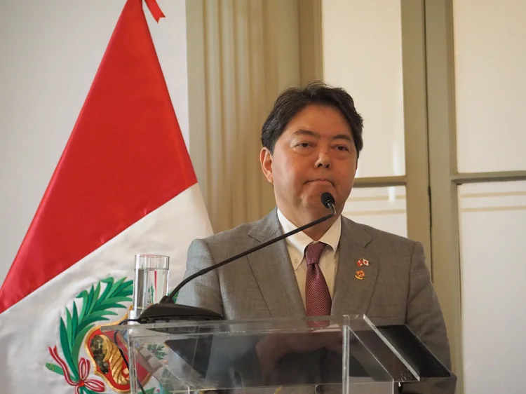 LIMA, PERU - 2023/05/03: Yoshimasa Hayashi, Minister for Foreign Affairs of Japan, speaking during his official visit to Peru. Hayashi arrival occurs within the framework of the celebrations for the 150th anniversary of diplomatic relations between the two countries. (Photo by Carlos Garcia Granthon/Fotoholica Press/LightRocket via Getty Images) (Fotoholica Press/Getty Images)