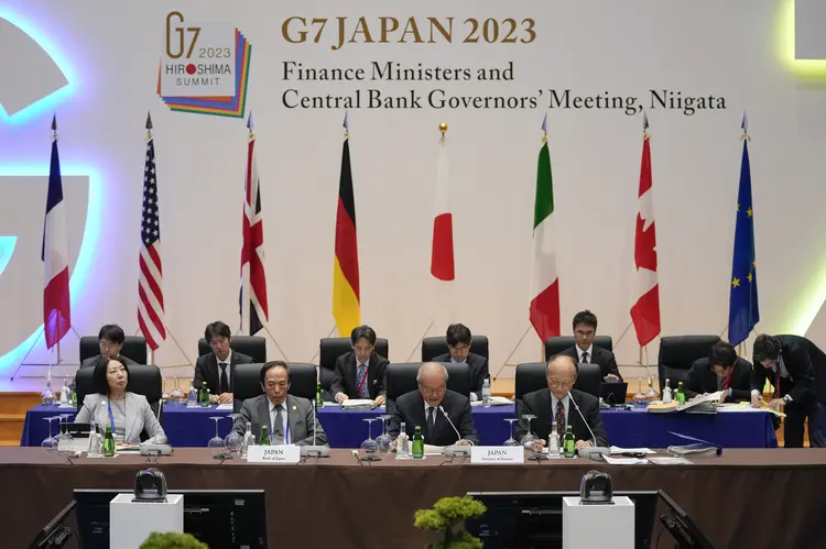 Shunichi Suzuki, Japan's finance minister, second right, delivers the opening speech while seated next to Kazuo Ueda, governor of the Bank of Japan (BOJ), second left, at the Group of Seven (G-7) finance ministers and central bank governors meeting in Niigata, Japan, on Thursday, May 11, 2023. Finance ministers and central bank governors from the world's wealthiest nations gather in Japan with a growing list of urgent issues to discuss, from the risk of more bank failures and the need for debt restructuring to the threat of a US default. Photographer: Kimimasa Mayama/EPA/Bloomberg via Getty Images (Kimimasa Mayama/Getty Images)