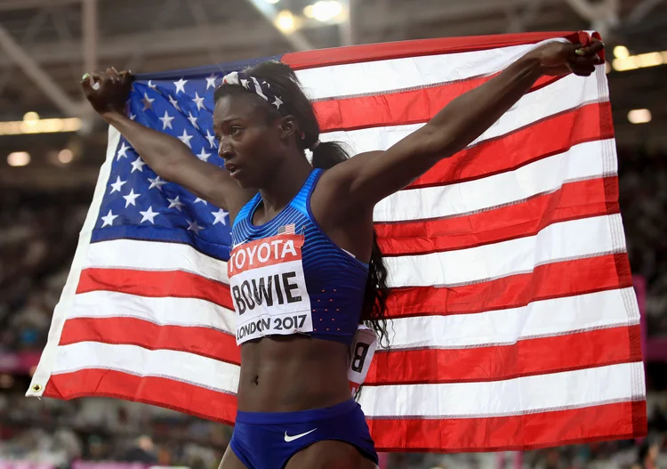 USA's Tori Bowie after winning the Women's 100m final during day three of the 2017 IAAF World Championships at the London Stadium. 06-08-2017 . (Photo by  PA Images via Getty Images) (PA Images/Getty Images)